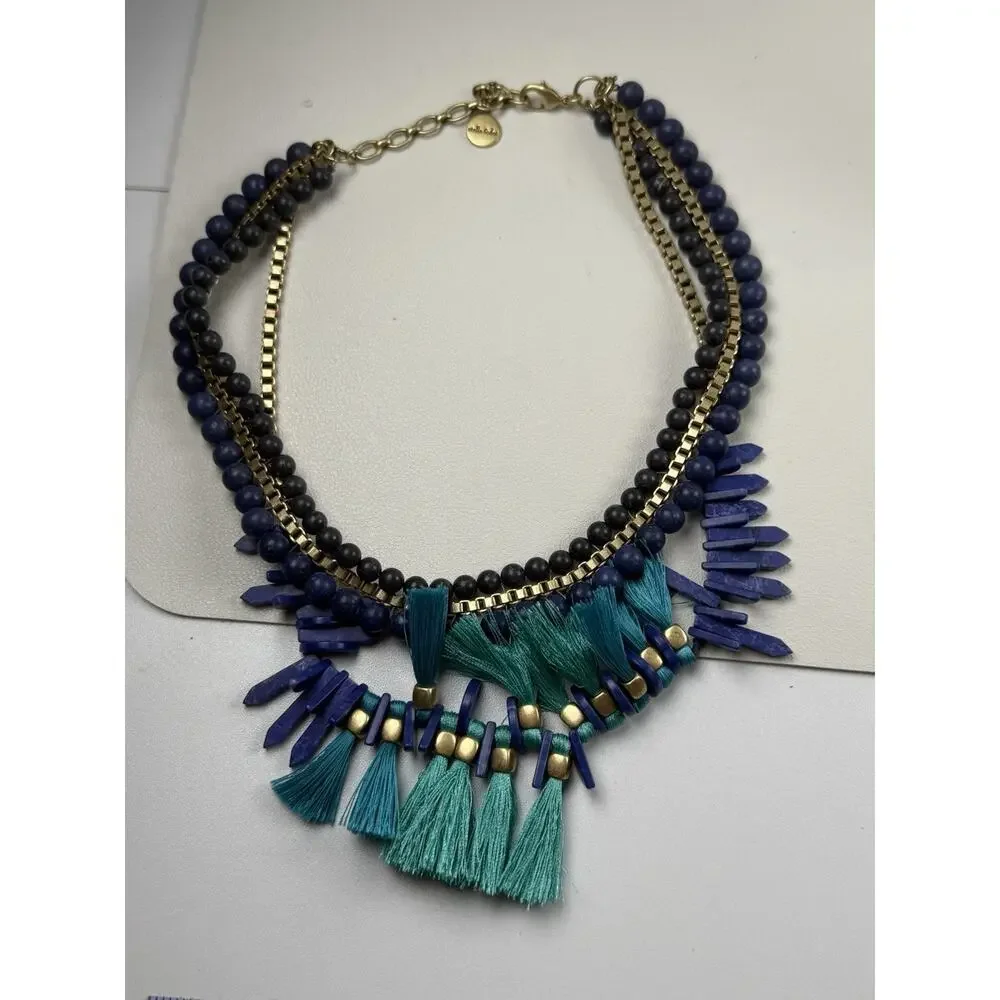 Stella & Dot Tresse Statement Necklace Faux Lapis Faux Turquoise Blue Fringe 16